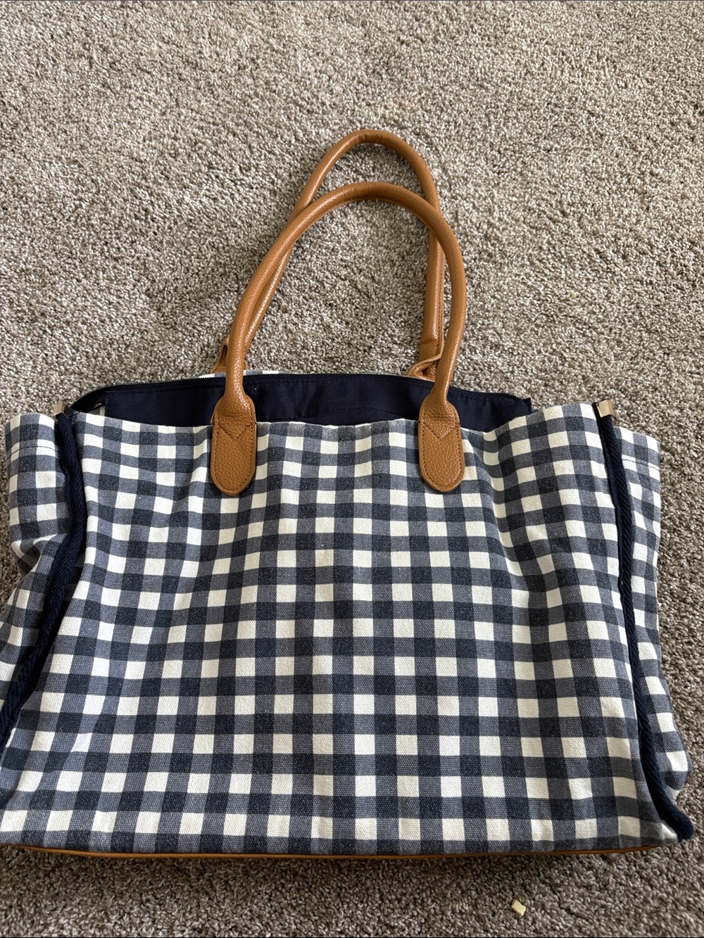 Tote Bag with Navy Gingham and Tan Handles